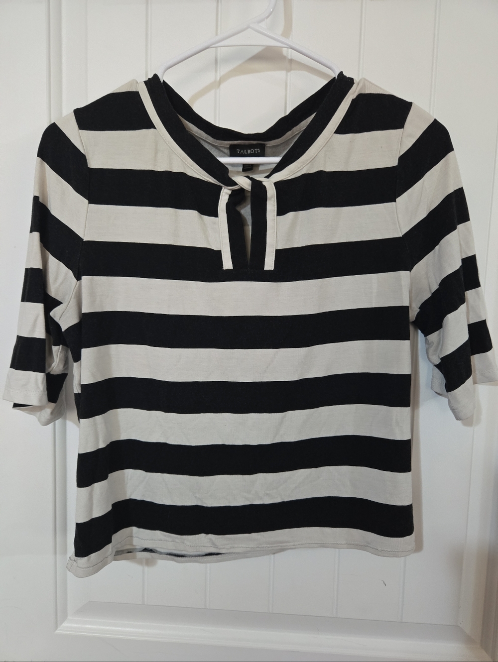 Talbots Black White Striped Tie Neck Top Medium Nautical Coastal Classic
